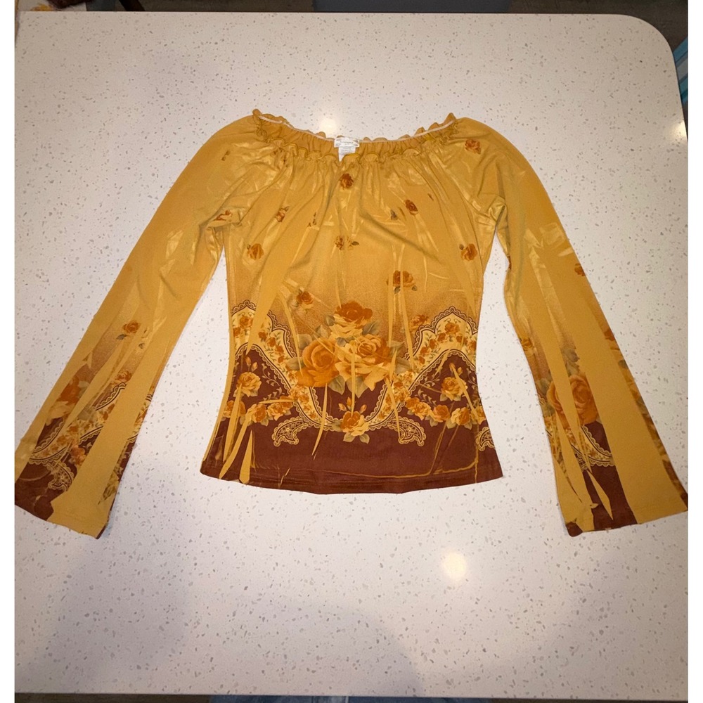 Lager USA Mustard Yellow Floral Boho Babydoll Peasant Top Long Sleeve Small